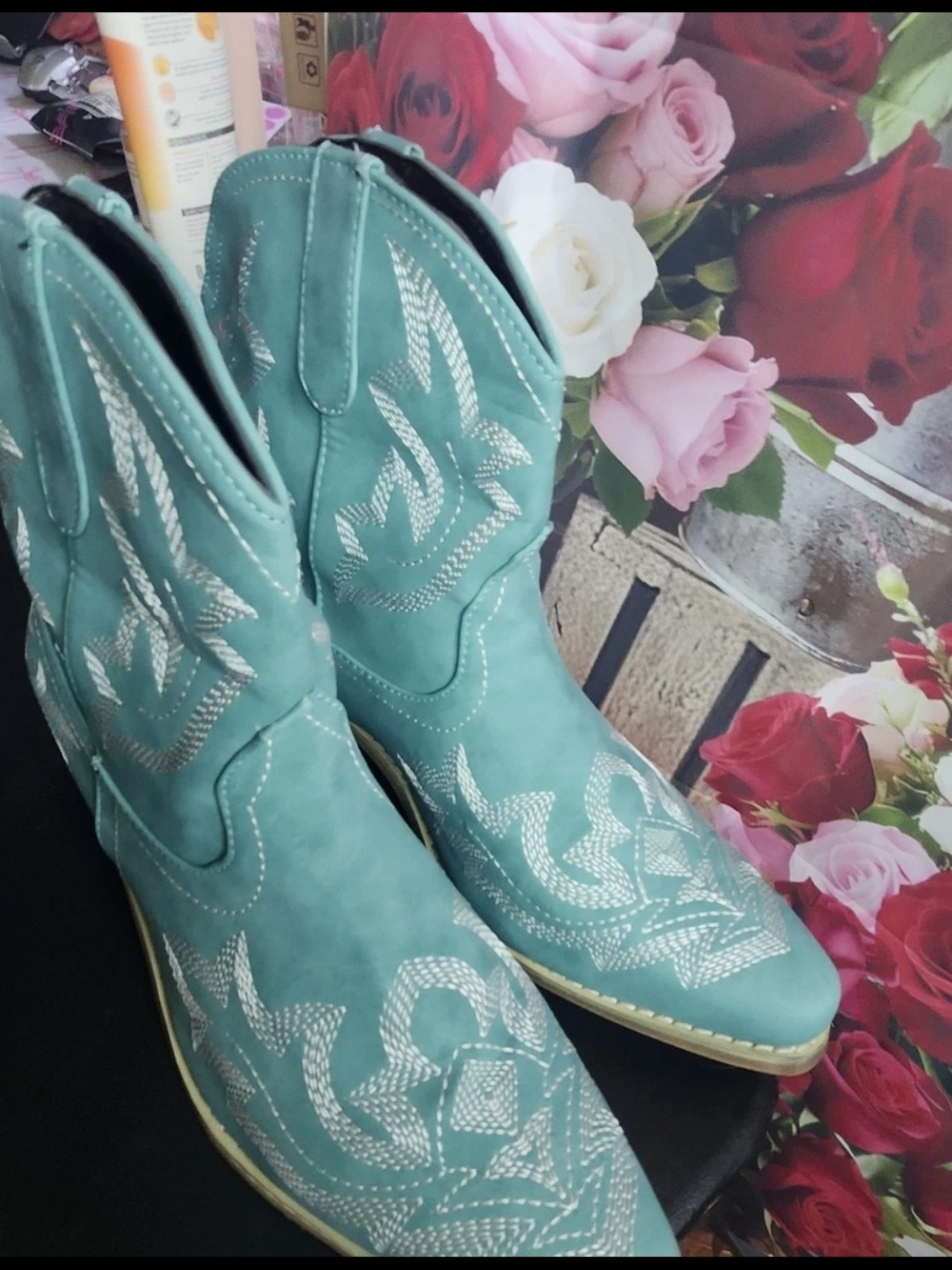 Turquoise Western Embroidered Women’s Ankle Boots